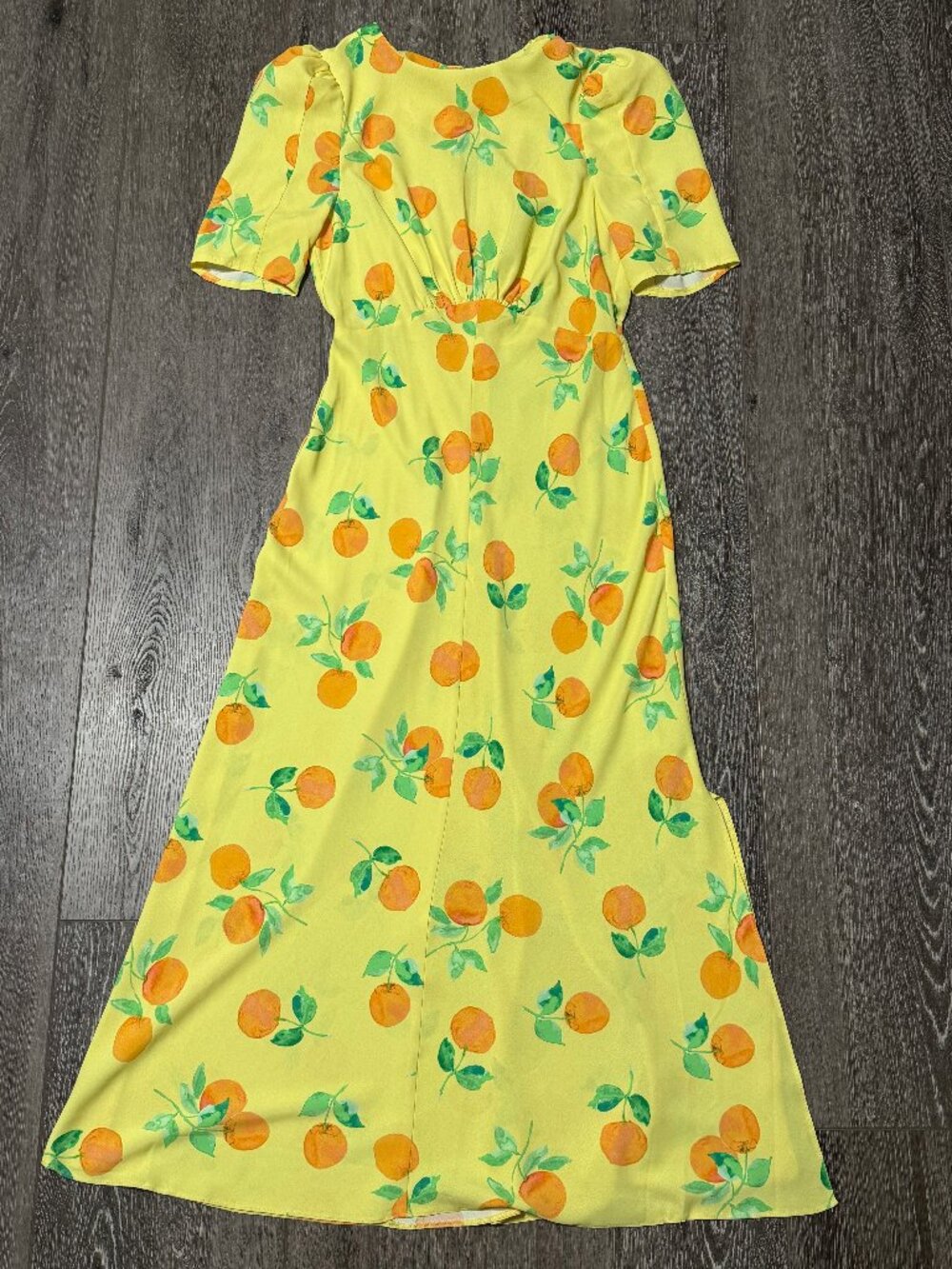 Nasty Gal Yellow w/ Oranges Citrus Print Maxi Dress W/Side Slit Size 6